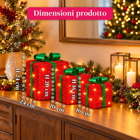 Set aus 3 batteriebetriebenen leuchtenden Geschenkpaketen, 51 warmweiße LEDs