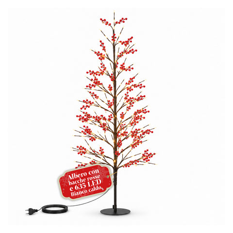 Leuchtbaum mit roten Beeren, 150 cm, 635 warmweiße LEDs