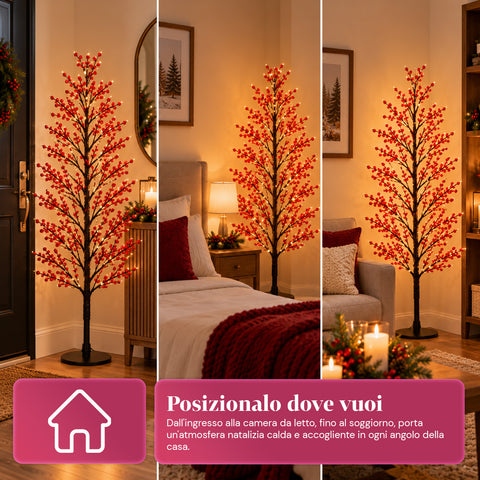 Leuchtbaum mit roten Beeren, 150 cm, 635 warmweiße LEDs