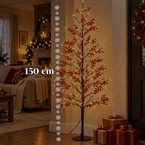 Leuchtbaum mit roten Beeren, 150 cm, 635 warmweiße LEDs