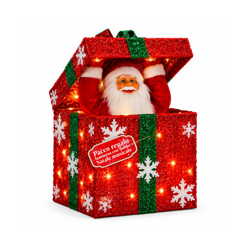 Leuchtendes Geschenkpaket mit musikalischem und animiertem Weihnachtsmann, H30 cm