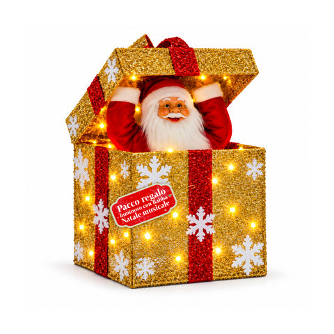 Leuchtendes Geschenkpaket mit musikalischem und animiertem Weihnachtsmann, H30 cm