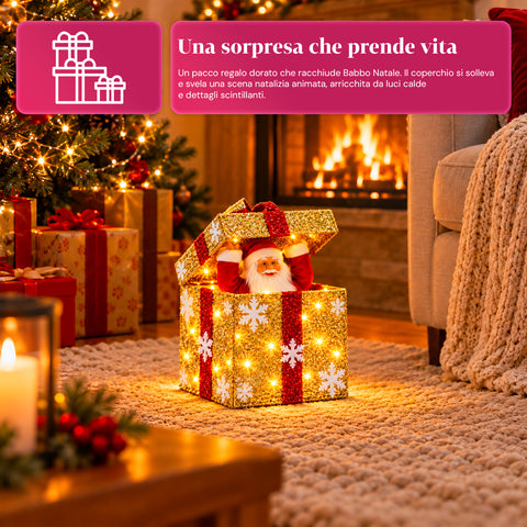 Leuchtendes Geschenkpaket mit musikalischem und animiertem Weihnachtsmann, H30 cm