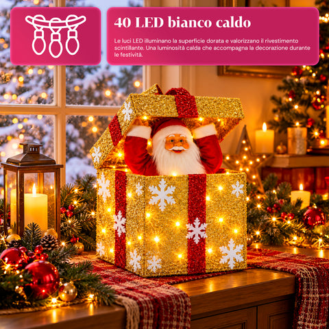 Leuchtendes Geschenkpaket mit musikalischem und animiertem Weihnachtsmann, H30 cm