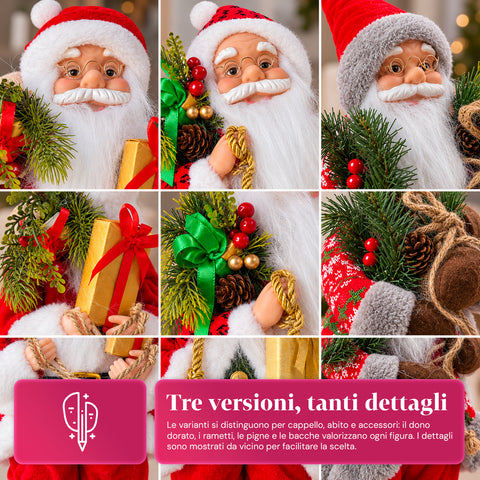 Weihnachtsfigur Weihnachtsmann und Weihnachtsfrau h45cm, Dekoration für Zuhause, Geschäfte und Schaufenster, 3 sortierte Varianten mit Tannenzweigen und Tannenzapfen