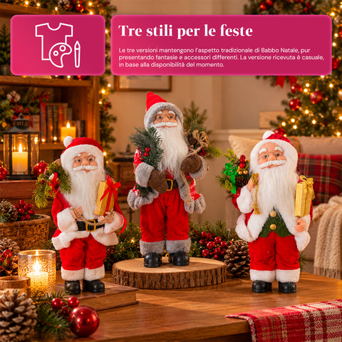 Weihnachtsfigur Weihnachtsmann und Weihnachtsfrau h45cm, Dekoration für Zuhause, Geschäfte und Schaufenster, 3 sortierte Varianten mit Tannenzweigen und Tannenzapfen