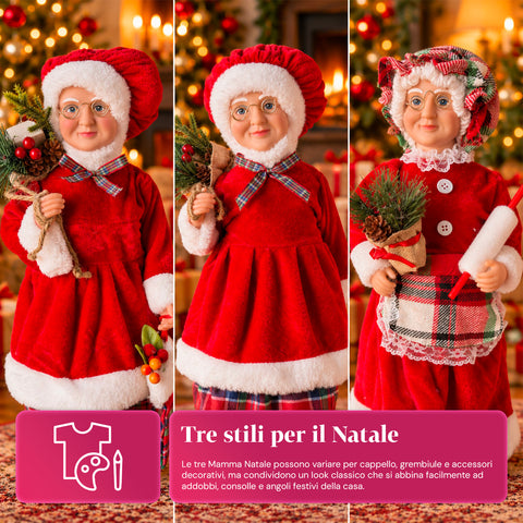 Weihnachtsfigur Weihnachtsmann und Weihnachtsfrau h45cm, Dekoration für Zuhause, Geschäfte und Schaufenster, 3 sortierte Varianten mit Tannenzweigen und Tannenzapfen