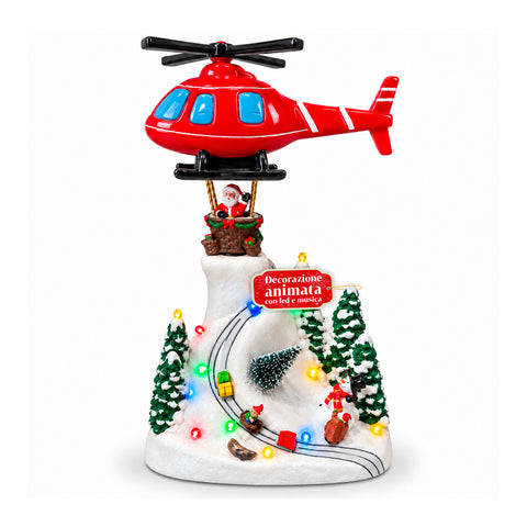 Weihnachtliche Landschaft mit fliegendem Weihnachtsmann, LED-Lichtern und Musik