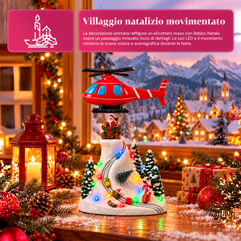 Weihnachtliche Landschaft mit fliegendem Weihnachtsmann, LED-Lichtern und Musik