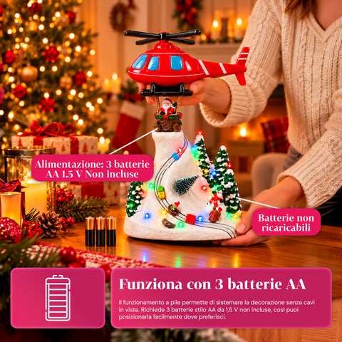 Weihnachtliche Landschaft mit fliegendem Weihnachtsmann, LED-Lichtern und Musik