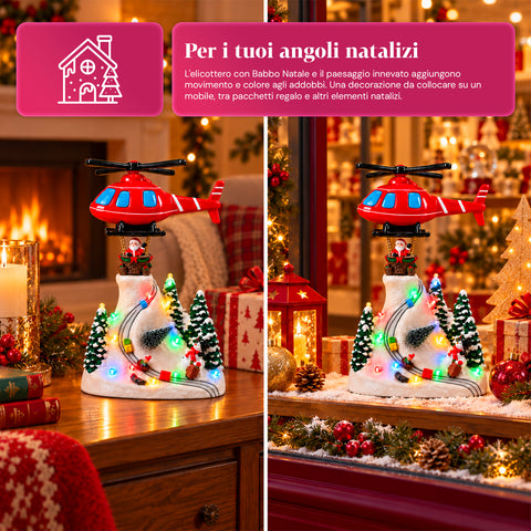 Weihnachtliche Landschaft mit fliegendem Weihnachtsmann, LED-Lichtern und Musik