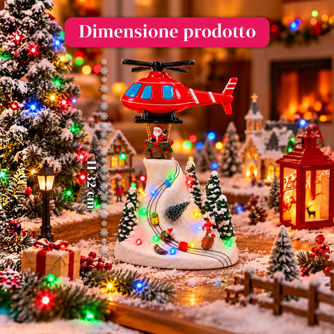 Weihnachtliche Landschaft mit fliegendem Weihnachtsmann, LED-Lichtern und Musik