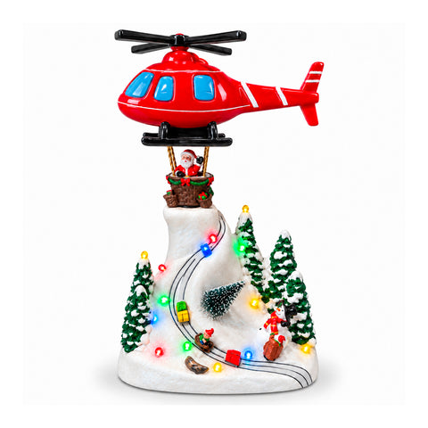 Weihnachtliche Landschaft mit fliegendem Weihnachtsmann, LED-Lichtern und Musik