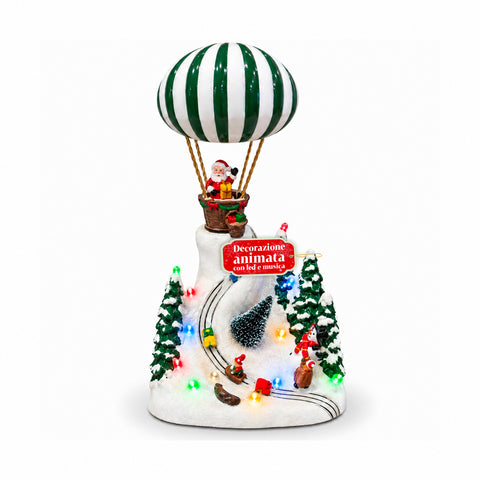 Weihnachtliche Landschaft mit fliegendem Weihnachtsmann, LED-Lichtern und Musik