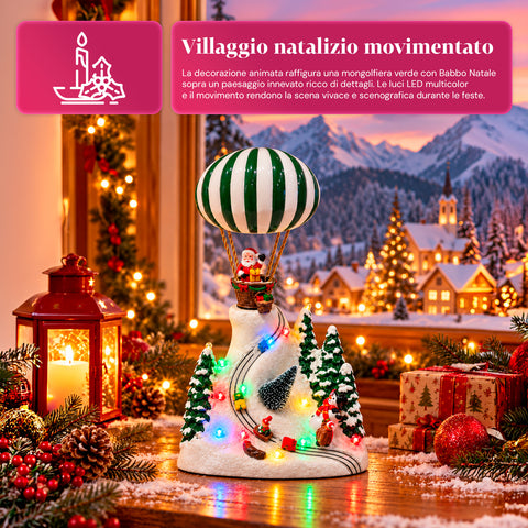 Weihnachtliche Landschaft mit fliegendem Weihnachtsmann, LED-Lichtern und Musik