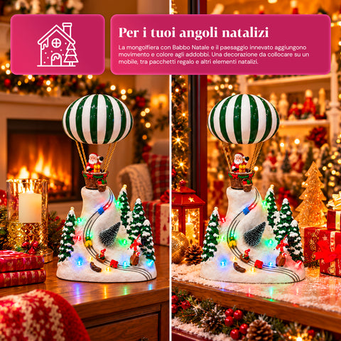 Weihnachtliche Landschaft mit fliegendem Weihnachtsmann, LED-Lichtern und Musik