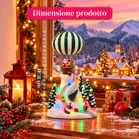 Weihnachtliche Landschaft mit fliegendem Weihnachtsmann, LED-Lichtern und Musik