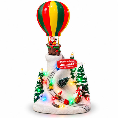 Weihnachtliche Landschaft mit fliegendem Weihnachtsmann, LED-Lichtern und Musik