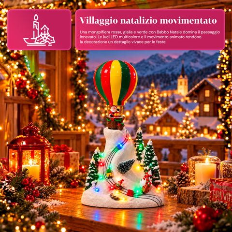 Weihnachtliche Landschaft mit fliegendem Weihnachtsmann, LED-Lichtern und Musik