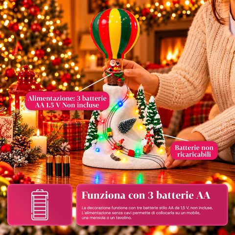 Weihnachtliche Landschaft mit fliegendem Weihnachtsmann, LED-Lichtern und Musik