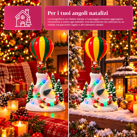 Weihnachtliche Landschaft mit fliegendem Weihnachtsmann, LED-Lichtern und Musik