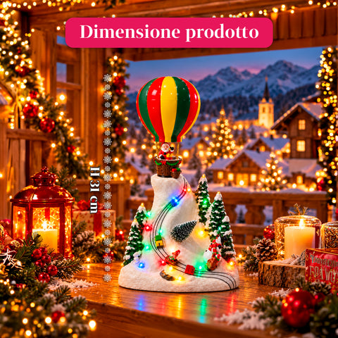 Weihnachtliche Landschaft mit fliegendem Weihnachtsmann, LED-Lichtern und Musik