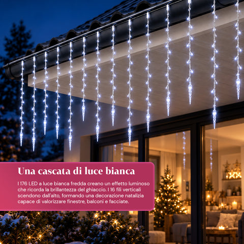 Weihnachtliche Eiszapfen-Lichterkette als Vorhang, 176 LED Kaltweiß, 225x140 cm