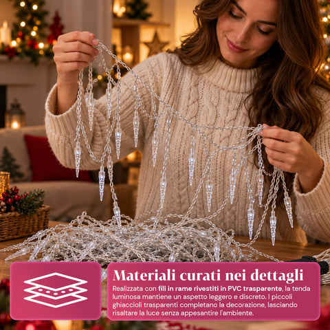 Weihnachtliche Eiszapfen-Lichterkette als Vorhang, 176 LED Kaltweiß, 225x140 cm