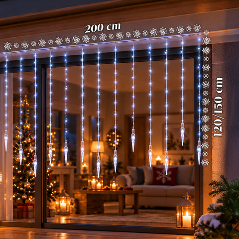 Weihnachtliche Eiszapfen-Lichterkette als Vorhang, 176 LED Kaltweiß, 225x140 cm
