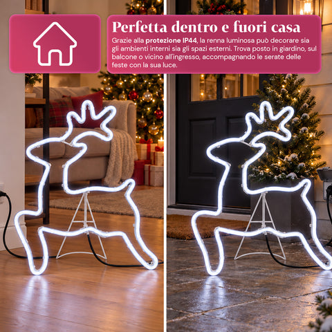 Leuchtendes LED-Neon-Rentier 65x58 cm in Kaltweiß, für Innen- und Außenbereich
