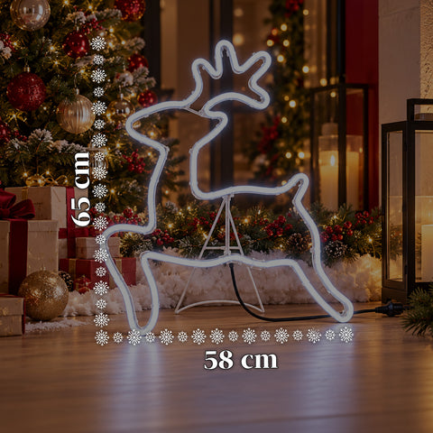 Leuchtendes LED-Neon-Rentier 65x58 cm in Kaltweiß, für Innen- und Außenbereich