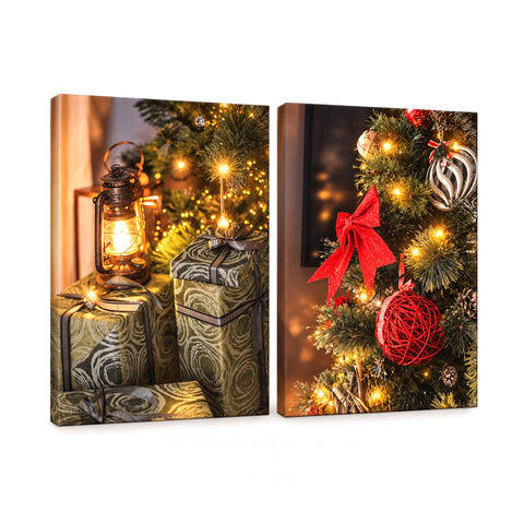 Weihnachtliche Bilder mit LED-Lichtern im 2er-Set, 30x40 cm: Weihnachtsmann, Rentiere, Wichtel und Bäume, die leuchten, batteriebetrieben mit Schalter