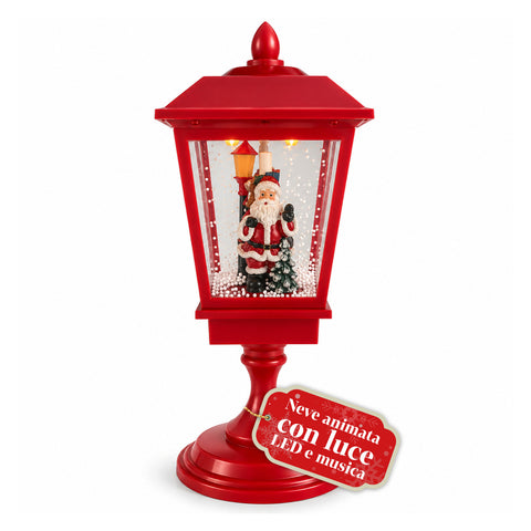 Leuchtender Weihnachts-Laternenmast 60 cm mit Weihnachtsmann, wehendem Schneeeffekt und Musik, LED, dekorative rote Weihnachtslaterne