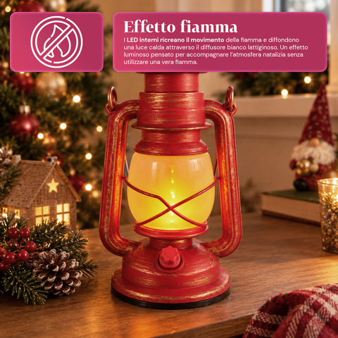 Rote LED-Weihnachtslaterne mit Flammeneffekt und Weihnachtsmusik, Haken zum Aufhängen und goldfarbenen Verzierungen, Dekoration 15x11x25 cm