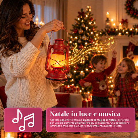 Rote LED-Weihnachtslaterne mit Flammeneffekt und Weihnachtsmusik, Haken zum Aufhängen und goldfarbenen Verzierungen, Dekoration 15x11x25 cm