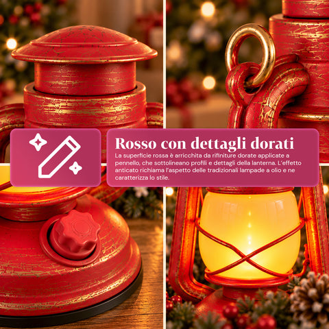 Rote LED-Weihnachtslaterne mit Flammeneffekt und Weihnachtsmusik, Haken zum Aufhängen und goldfarbenen Verzierungen, Dekoration 15x11x25 cm