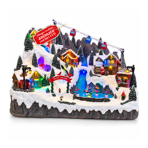 Beleuchtetes Weihnachtsdorf mit beweglichen Ski- und Schlittschuhbahnen, LED-Lichtern und Musik – 56x37x42 cm