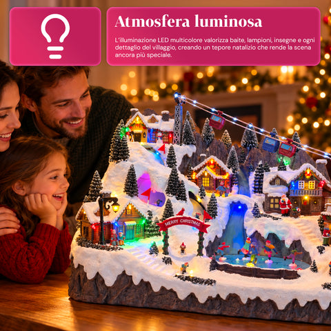 Beleuchtetes Weihnachtsdorf mit beweglichen Ski- und Schlittschuhbahnen, LED-Lichtern und Musik – 56x37x42 cm