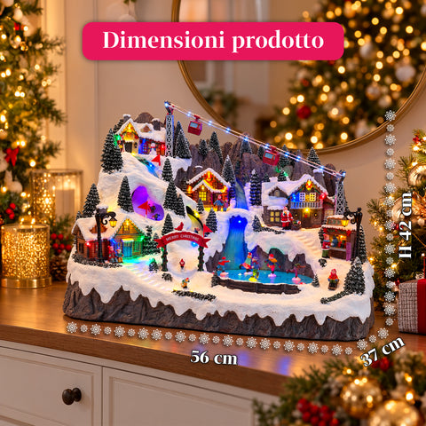 Beleuchtetes Weihnachtsdorf mit beweglichen Ski- und Schlittschuhbahnen, LED-Lichtern und Musik – 56x37x42 cm