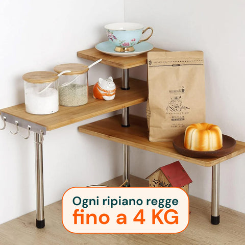 Scaffale Angolare in Bambù 3 Ripiani con Ganci Portaoggetti