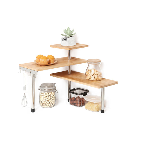 Scaffale Angolare in Bambù 3 Ripiani con Ganci Portaoggetti