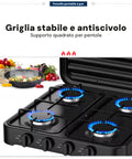 Fornello A Gas 4 Fuochi Con Coperchio Nero