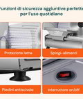Funzioni di sicurezza affettatrice: protezione lama, spingi-alimenti, piedini antiscivolo e interruttore on/off per uso quotidiano sicuro