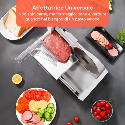 Affettatrice universale per carne, formaggio, pane e verdure, ideale per preparazioni veloci e versatili in cucina