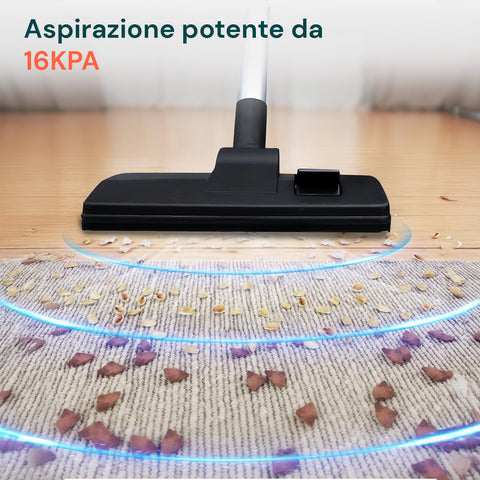 Aspirapolvere con aspirazione potente 16KPA e tecnologia ciclonica avanzata per pulizia profonda ed efficace su ogni superficie