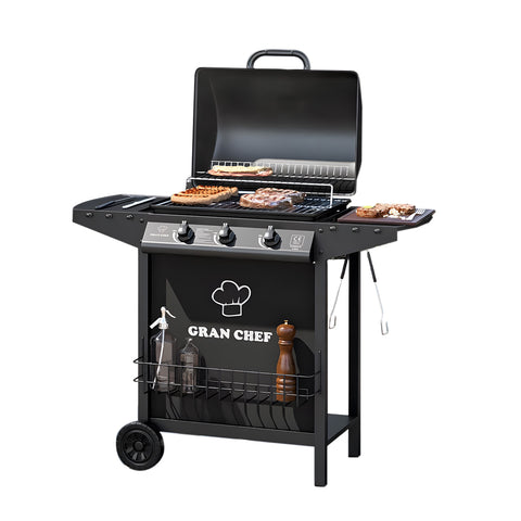 Gasgrill Thomas mit 3 Brennern, aus schwarzem Edelstahl, mit Rollen
