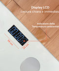 Bilancia con display LCD 59x24mm per lettura chiara e immediata, include indicatore temperatura ambientale per monitoraggio completo