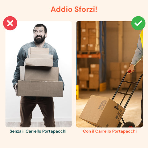 Carrello che elimina gli sforzi: confronto tra trasporto manuale faticoso e uso del carrello portapacchi, vantaggi evidenti per la schiena