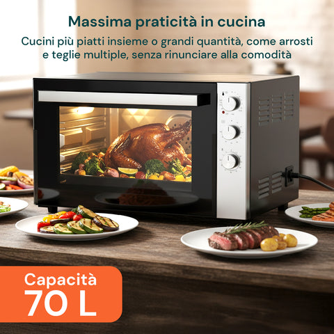 Forno Elettrico Ventilato 70L Acciaio Inox con Timer e Termostato