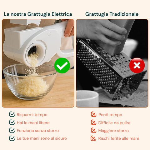 Confronto grattugia elettrica vs tradizionale: vantaggi elettrica include risparmio tempo, mani libere, senza sforzo e maggiore sicurezza